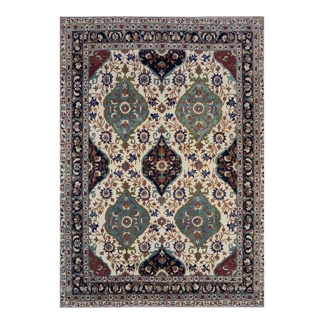 Persian Farahan Sarouk Wool 10x14 Ivory, Teal, Rust & Navy Handmade Area Rug #1143011 For Sale