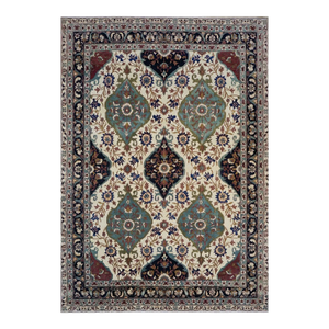 Persian Farahan Wool 10X14 Ivory, Teal, Rust & Navy Handmade Area Rug #1143011