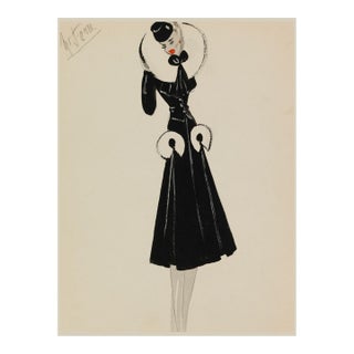 Vintage French Fashion Art Print – Black Coat With White Fur Collar, 12" X 16" For Sale