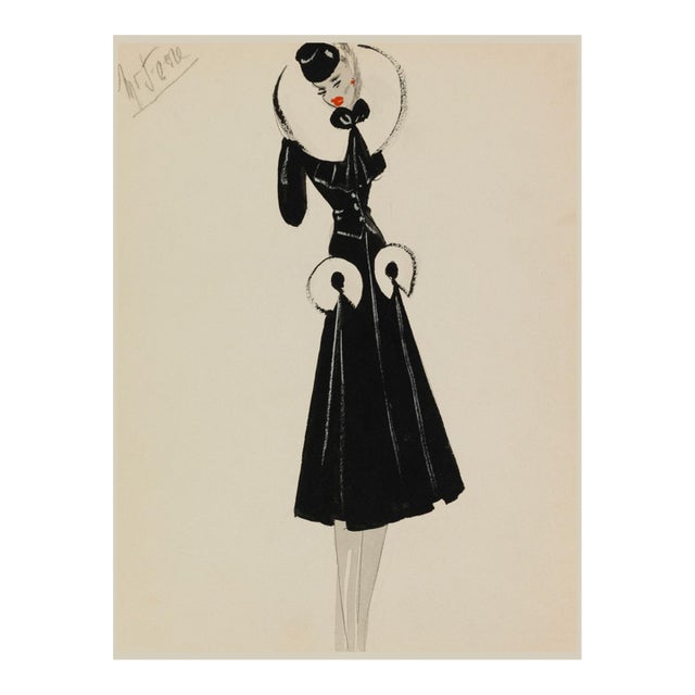 Vintage French Fashion Art Print – Black Coat With White Fur Collar, 12" X 16" For Sale