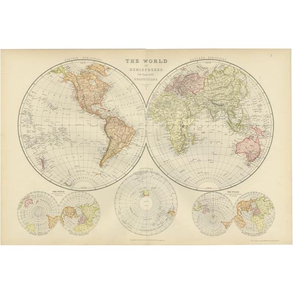 Paper Antique Map of the World in Hemispheres, 1882 For Sale - Image 7 of 7