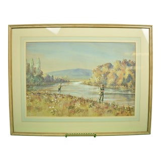 Mid 20th Century Two Anglers on a Riverbed Watercolour & Gouache by Graham Smith For Sale