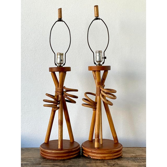 Wood Vintage Twisted Rattan Lamps - A Pair For Sale - Image 7 of 12
