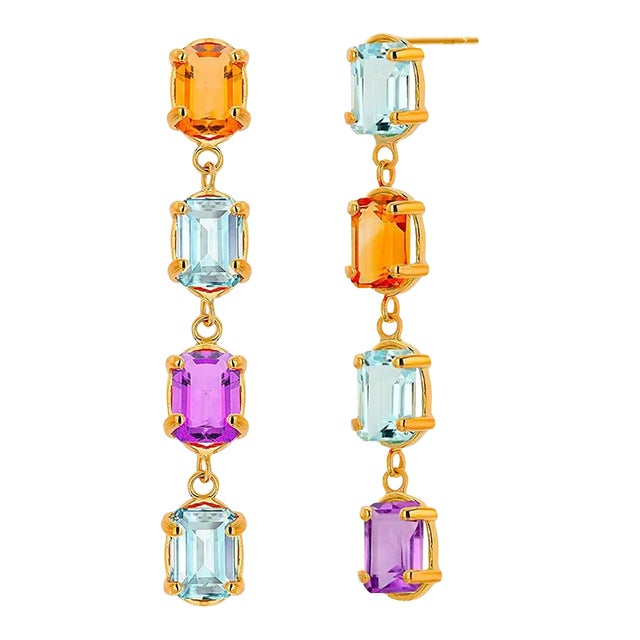 14k Gold 1.70 Inch Long Drop Earrings Emerald Shaped Blue Topaz Amethyst Citrine - 2 Pieces For Sale
