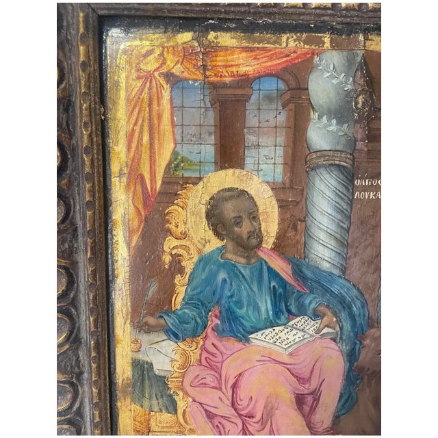 Mediterranean Antique 19th Century Greek Orthodox Icon – St. Luke the Evangelist With Ox, Hand-Painted 17.5” X 13” Rare Find For Sale - Image 3 of 10