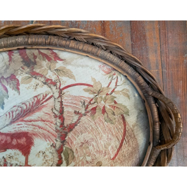 Early 20th Century 19th or 20th Century French Wicker Serving Tray With Tapestry Fragment of Bird For Sale - Image 5 of 16
