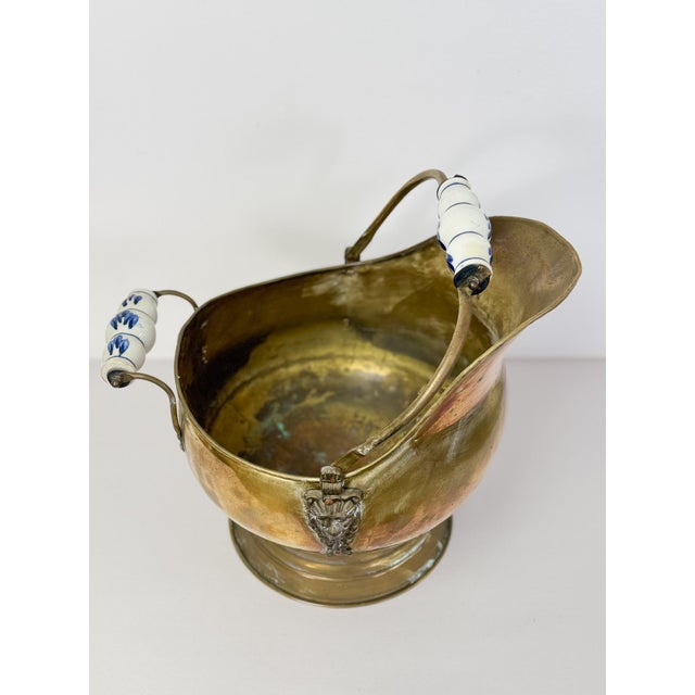 Antique Brass and Blue Porcelain Coal Scuttle Helmet Form Early 20th Century For Sale - Image 11 of 12