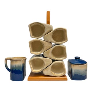 Vintage Padilla Stoneware Mug Set With Wooden Carousel, Creamer & Lidded Sugar Bowl – Blue Ombre Glaze – Mexico For Sale