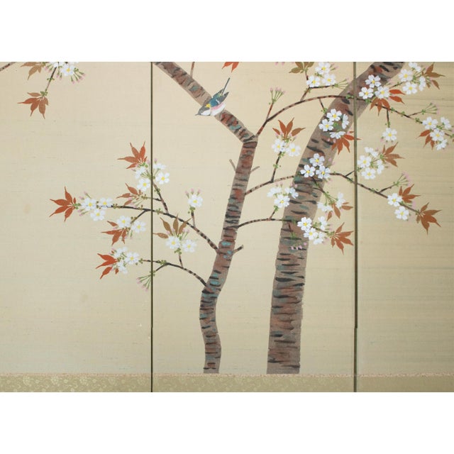 Khaki 1960s "Blue and White Flycatchers and Blossoming Plum Tree", Showa Japanese Byobu Screen For Sale - Image 8 of 18