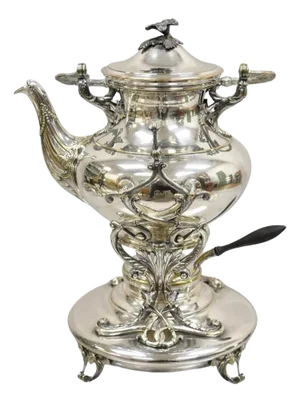 Antique Art Nouveau English Silver Plated Tilting Tea Kettle on Stand