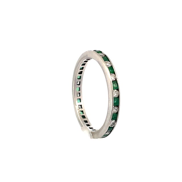Platinum Emerald & Natural Diamond Antique Eternity Band, Size 7 For Sale - Image 4 of 8