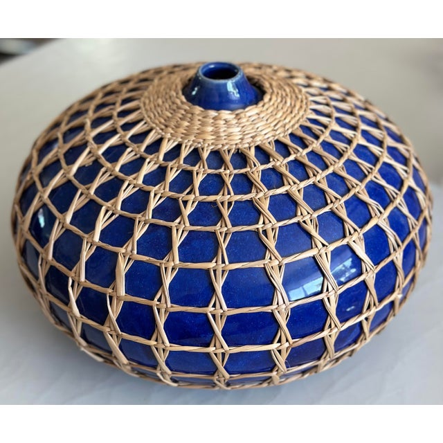 Contemporary Vintage Seagrass Rattan Wrapped Cobalt Ceramic 12" Pottery For Sale - Image 3 of 8