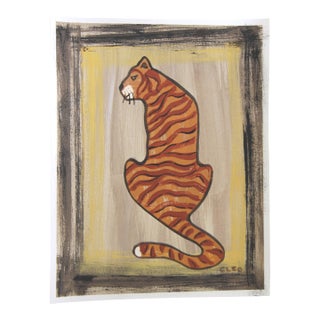 Tiger Minimalism Pop Art Folk Art Shabby Chic Goldenrod Brown Beige Original Painting by Cleo Plowden For Sale