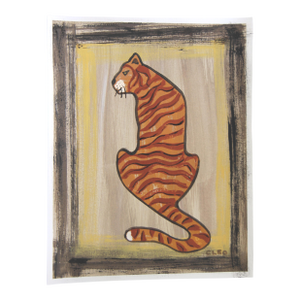 Tiger Minimalism Pop Art Folk Art Shabby Chic Goldenrod Brown Beige Original Painting by Cleo Plowden