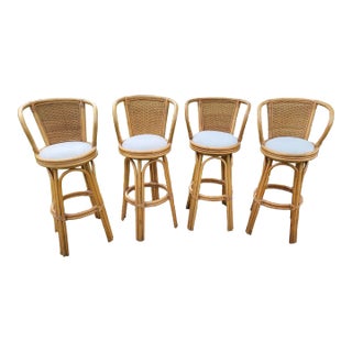 Vintage Rattan and Cane Back Swivel Bar Stools- Set of 4 For Sale