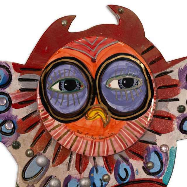 Late 20th Century Pat Custer Denison Mixed Media Hanging Folk Art Owl For Sale - Image 5 of 7