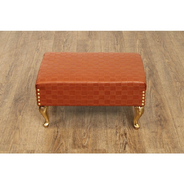 Italian Hollywood Regency Pair of Brass and Leather Foot Stools For Sale In Philadelphia - Image 6 of 12