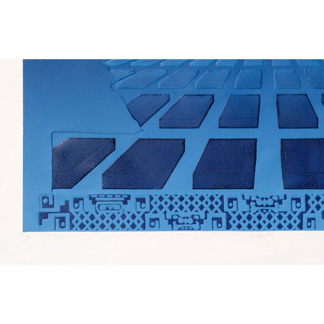 Abstract "Chac #2" - Sky Blue Geometric Mayan Chac Mool Lithograph by Marilyn Kruger For Sale - Image 3 of 5