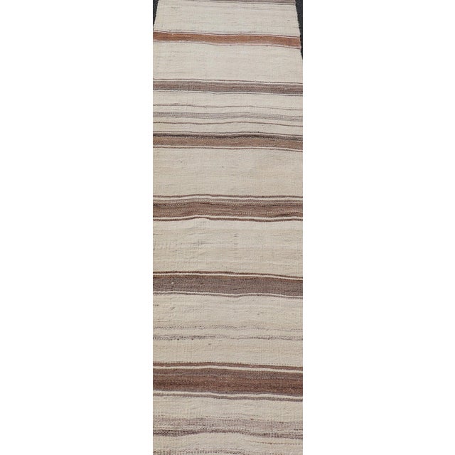 Vintage Narrow Turkish Kilim Runner With Beige and Soft Brown Stripes For Sale - Image 10 of 13