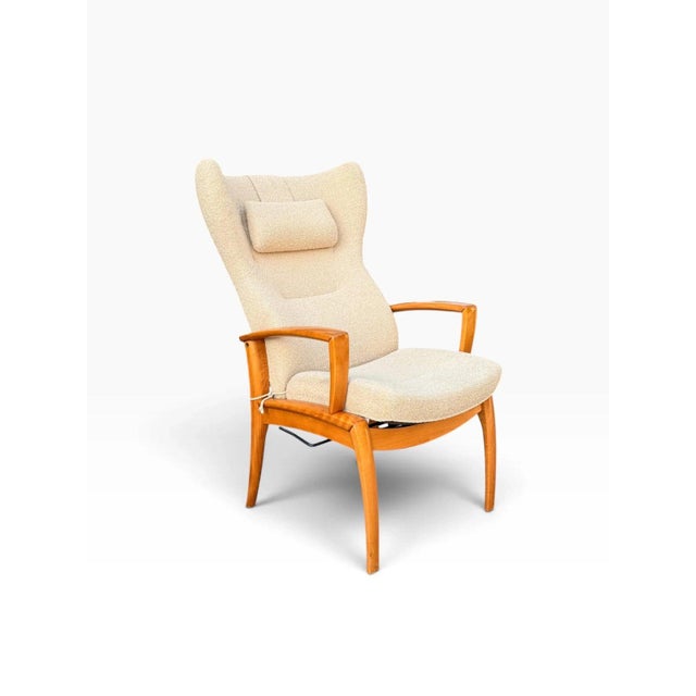 Mid-Century Modern Danish Modern High Wingback Recliner Attributed to Farstrup | Cream Bouclé With Headrest Pillow | Teak Frame For Sale - Image 3 of 15