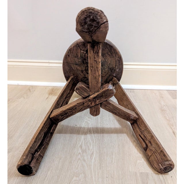 Brown Antique Primitive Chinese Elm Wood Stool - 1920s Wabi-Sabi For Sale - Image 8 of 13