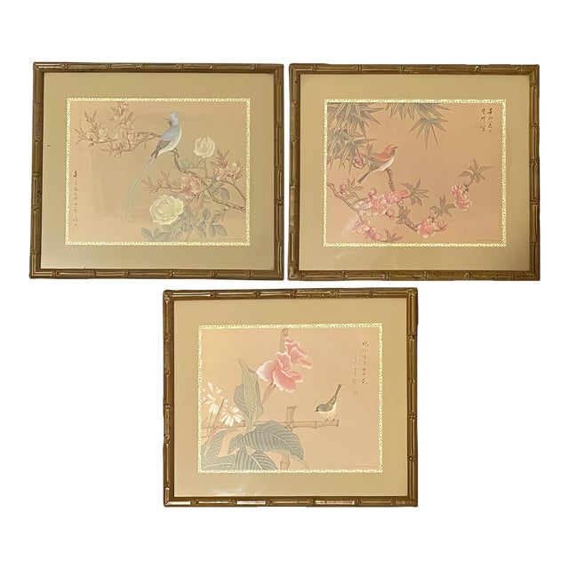 Set of 3 Vintage Asian-Inspired Bird & Floral Prints, Bamboo-Style Frames, 1979. For Sale