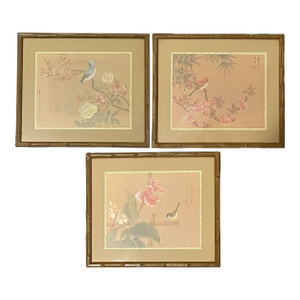 Set of 3 Vintage Asian-Inspired Bird & Floral Prints, Bamboo-Style Frames, 1979.