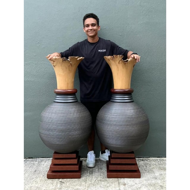 Vintage Monumental Sculptural Wood Urns - A Pair For Sale - Image 4 of 12