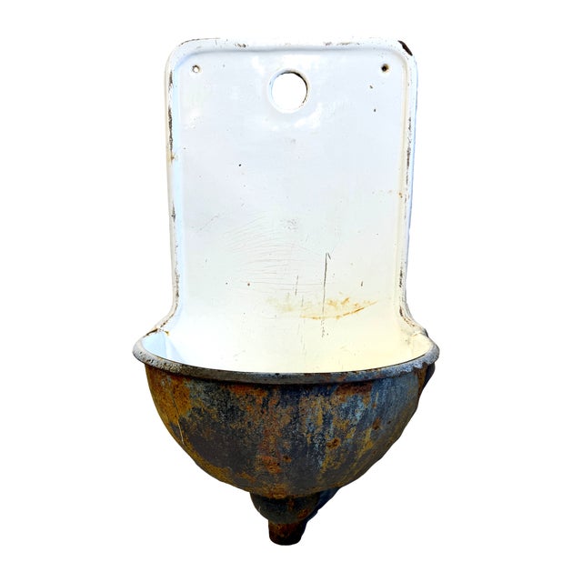 Farmhouse Antique French Enamel and Cast Iron Lavabo Wall Sink Planter For Sale - Image 3 of 8