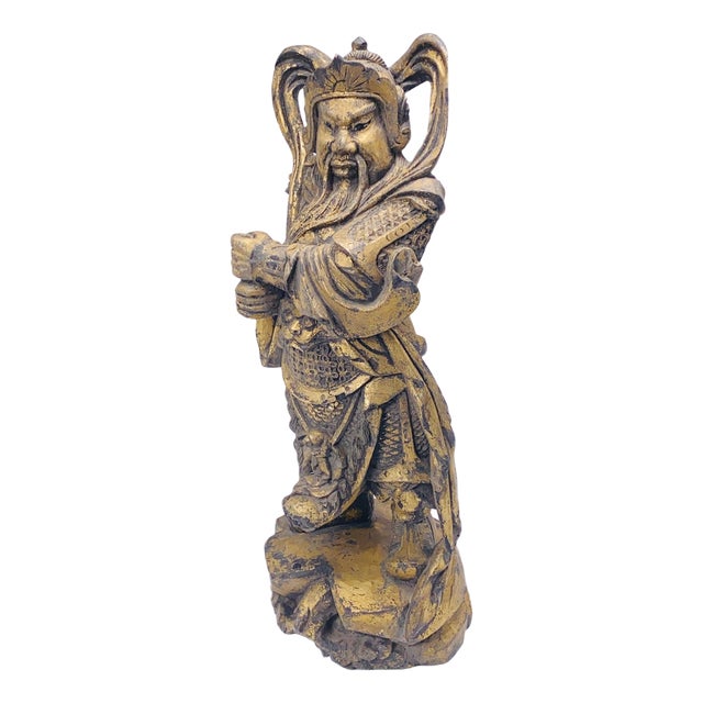 Chinese Wooden Samourai Sculpture in Gold Color For Sale