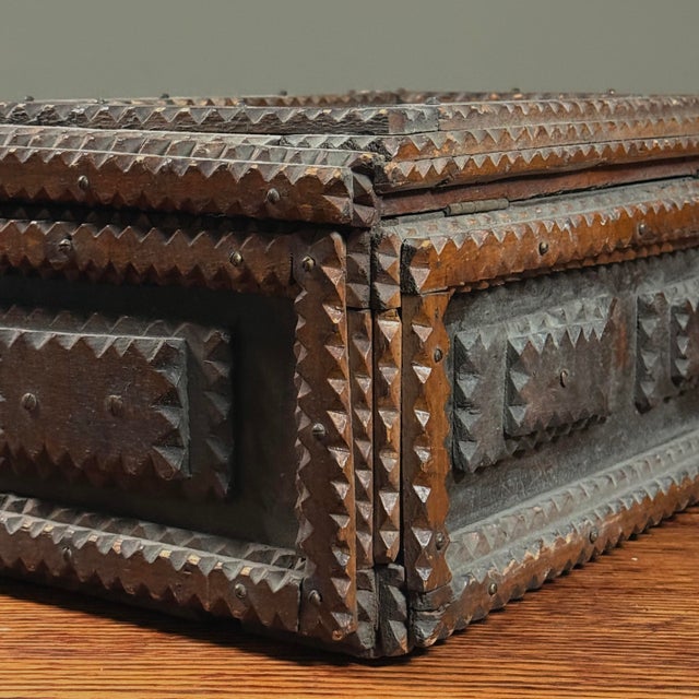 Monumental Antique Tramp Art Chip-Carved Chest With Medallion/Folk Art For Sale In Philadelphia - Image 6 of 11
