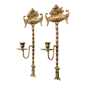 Pair of Vintage Brass Candle Sconces With Flower Amphora and Tassel