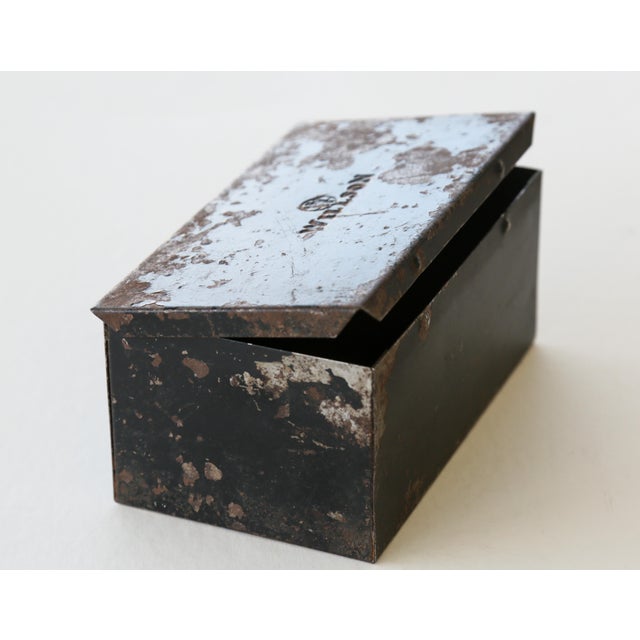 30s Vintage Industrial Metal Steel Tool Box With Rusty Patina and Chipping Black Paint For Sale In San Diego - Image 6 of 17
