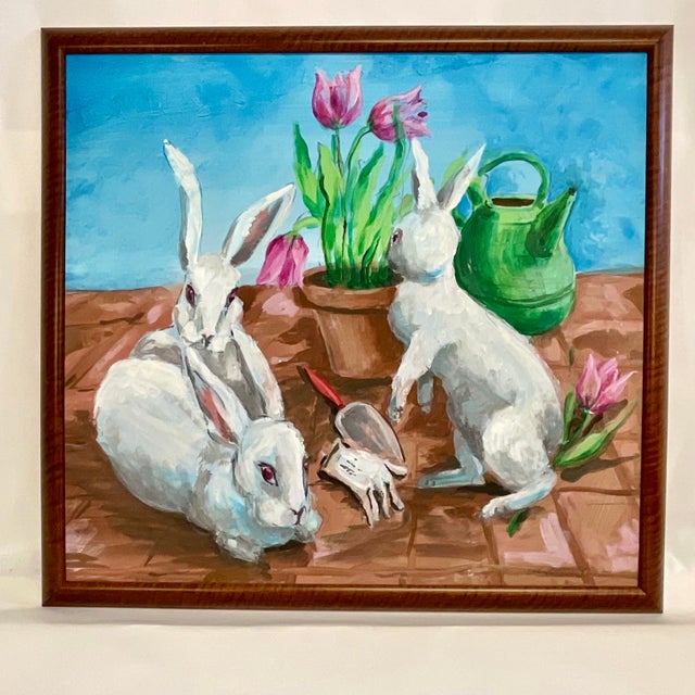 1970s Vintage Impressionist Original Painting Bunnies and Spring Tulips, Artist Signed For Sale - Image 9 of 10