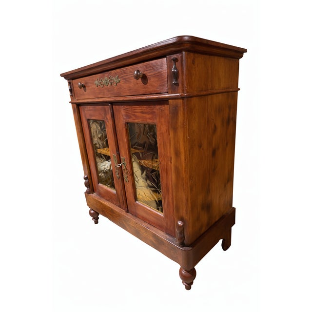 Vintage Pine Cabinet with Drawer and Glass Doors, 1920s For Sale - Image 4 of 5