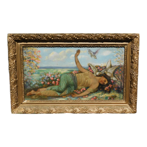 Vintage 19th C Oil Painting , Signed , Reclining Woman With Birds and Flowers, Framed