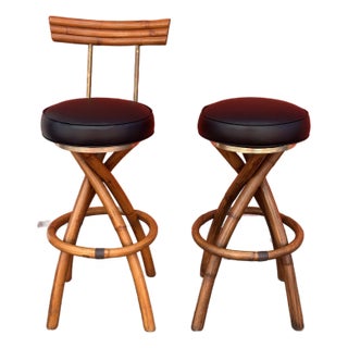 Mid-Century Swivel "Spiral" Leg Rattan & Brass Barstools- Set of 2 For Sale