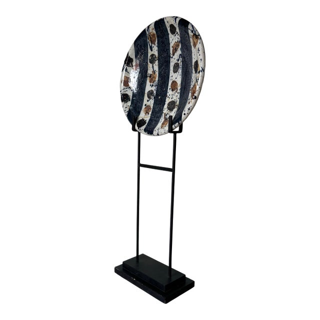 1987 Josef Zala Abstract Studio Art Ceramic Plate on Metal Stand For Sale