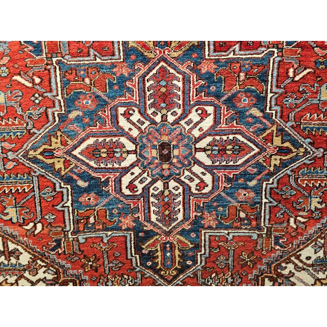 1900 - 1909 Early 20th Century Persian Heriz, Hand-Knotted Wool, Geometric Pattern, Vegetable Dyes, Red & Navy, 7x9 For Sale - Image 5 of 11