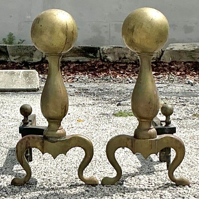 Add historic charm to your fireplace with the American style Vintage 19th Century Brass Cannonball Andirons. These antique...