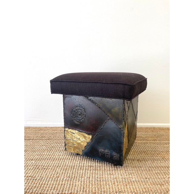 Vintage 1970s Paul Evans Brutal Patchwork Metal Ottoman / Stool black seat upholstery brutal patchwork metal mixed metals...