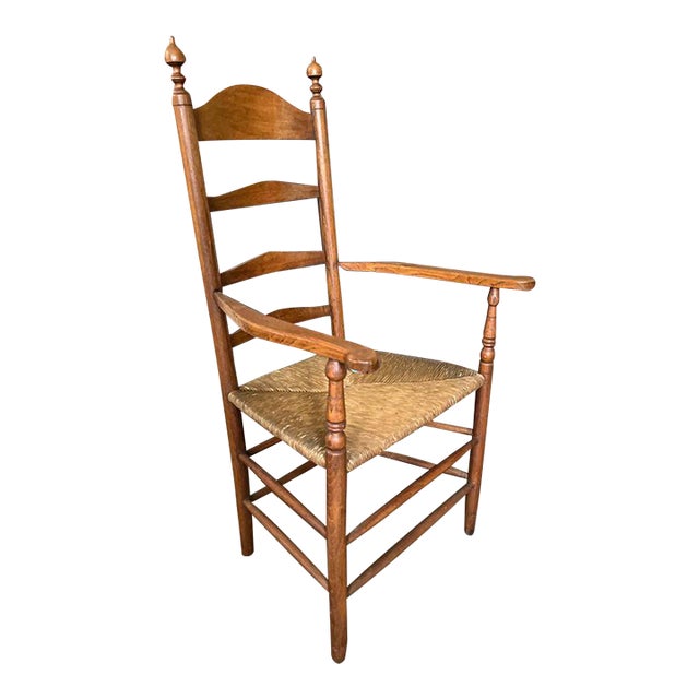 Early 20th Century Antique American Shaker Style High Ladder Back Rush Seat Armchair For Sale