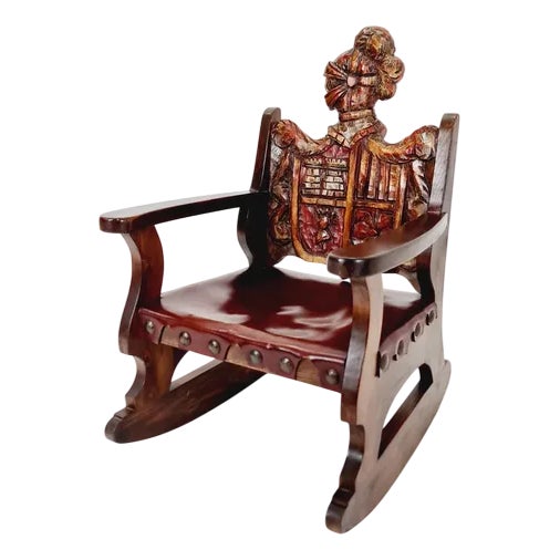 Antique Spanish Hand-Carved Wood Rocking Armchair, 1900s For Sale