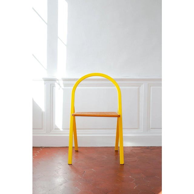 1970s Vintage Folding Chairs in Yellow Lacquered Metal and Caning by Giorgio Cattelan for Cidue, 1970s, Set of 2 For Sale - Image 5 of 18