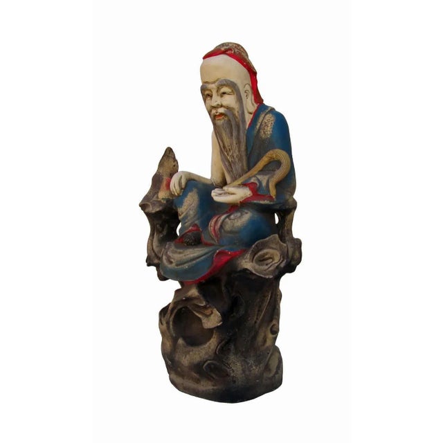 Asian Antique Chinese Hand Carving Camphor Wood Immortal of Longevity Statue For Sale - Image 3 of 6