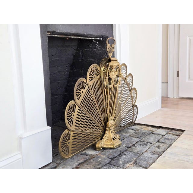 Victorian Antique Victorian Cameo Brass Peacock Folding Fan Fireplace Screen For Sale - Image 3 of 11