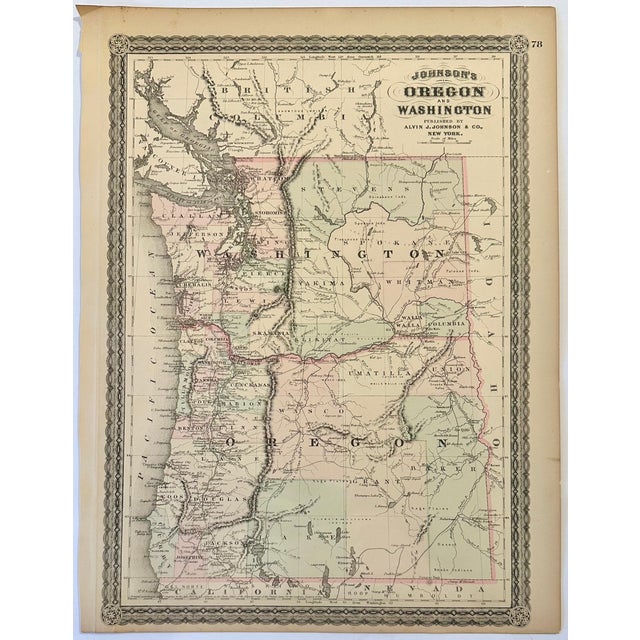 American Oregon and Washington Original Map by Johnson, 1870 For Sale - Image 3 of 3