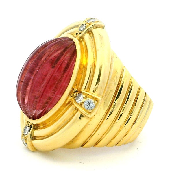 Hot Pink Vintage Italian 18k Gold Carved Rubellite Tourmaline Diamond Bombe Ring, Size 7 For Sale - Image 8 of 10