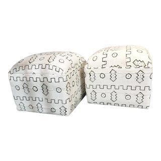 Custom Made Lg African Square Mud Cloth Ottomans Pair 17.5' H by 17.5" W For Sale