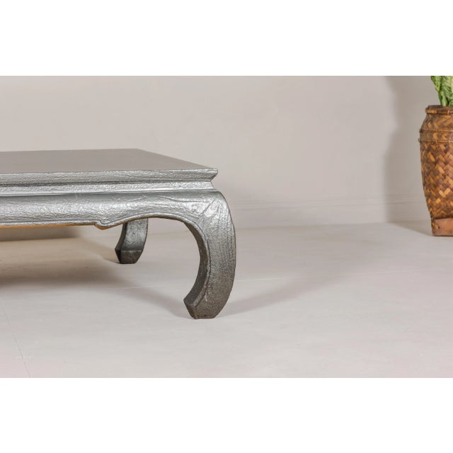 Mid 20th Century Teak Coffee Table with Custom Silver Patina, Chow Legs and Carved Apron For Sale - Image 5 of 12